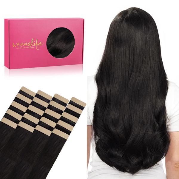 WENNALIFE Tape Extensions Echthaar, 20pcs 50g 45cm 18 Zoll Natürliches Schwarz Remy Invisible Tape Extensions Seidig Gerade Echthaar Extensions Skin Weft Tape Ins