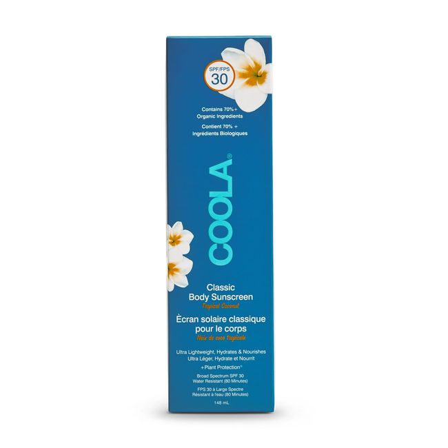 Coola Classic SPF 30 Body Sun Cream Lotion, 70 Percent + Organic Sunscreen with Broad Spectrum UVA/UVB Protection, Reef Friendly and Vegan, Tropical Coconut, 148 ml