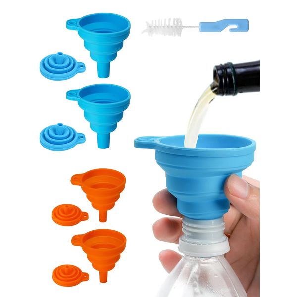 4Pcs Collapse Funnels, Silicone Kitchen Funnel, Folded Funnels Small Funnels for Filling Bottles with Clean Brush, Collapsible Funnel for Liquid Transfer S M Size (4pcs (2 sizes))