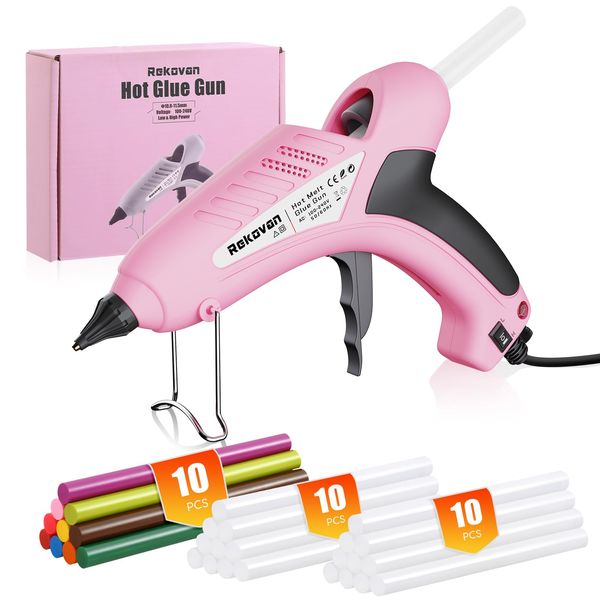 Hot Glue Gun, Rekovan Pink Glue Gun Kit Full Size, 80/200W Dual Power, ON/OFF, with 20 Transparent&10 Colored Glue Sticks(7/16"), Fast Preheating Heavy Duty Glue Gun for Crafts, DIY, Arts, Home Repair