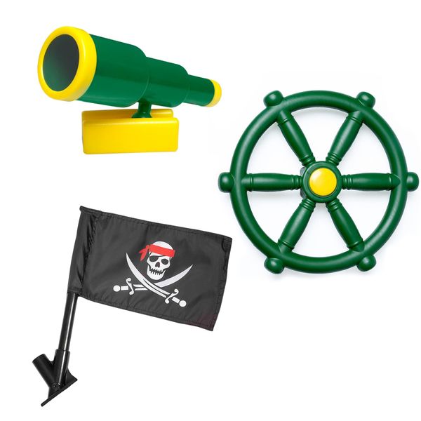 Barcaloo Playground Equipment Bundle Set with Kids Pirate Telescope, Pirate Steering Wheel & Pirate Flags, Jungle Gym Playset Accessories for Backyard Swing Set, Playground Sets for Backyards