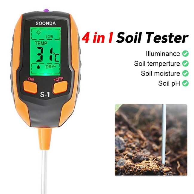 5 In 1 Soil Ph Meter Soil Moisture Monitor LCD Display PH Tester  Temperature Sunlight Intensity Testing Tool for Plants Illumination  Thermometer