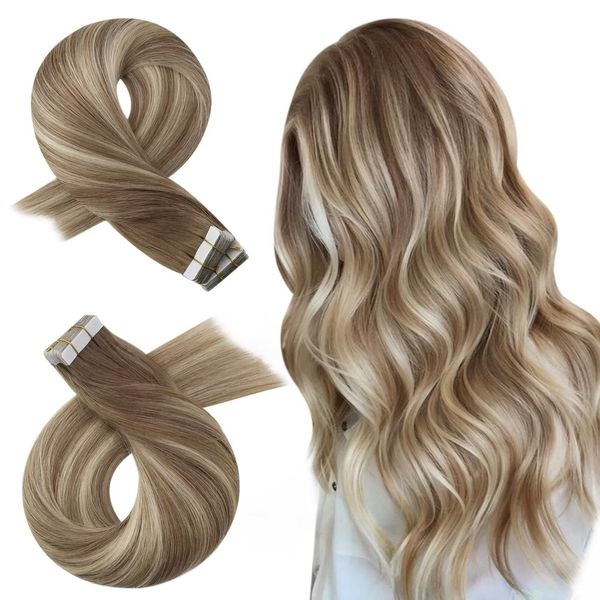 Moresoo Tape in Blonde Hair Extensions Real Human Hair Invisible Tape in Extensions Ombre Ash Brown to Blonde Mix with Light Blonde Balayage Hair Extensions Glue in Human Hair 12inch #8/22/8 20pcs 30g