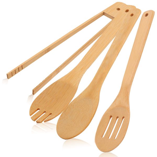 [4PCS] Wooden Bamboo Cooking Utensils : Salad Tongs, Wood Spoons, Slotted Spoon, Bamboo Forks, 11.8inch Long Handle Salad Serving Utensils is Perfect Choice for Daily Cooking and Gifts.USOONESP