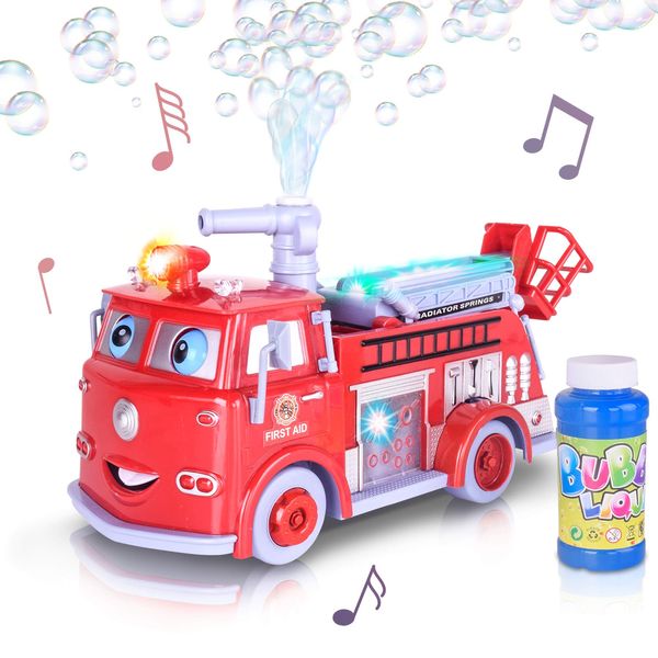 ArtCreativity Bubble Blowing Fire Engine Toy Truck for Kids - Awesome Light Up LED and Siren Effects - Bubble Solution with Funnel Included - Best Birthday Gift for Boys and Girls 5+