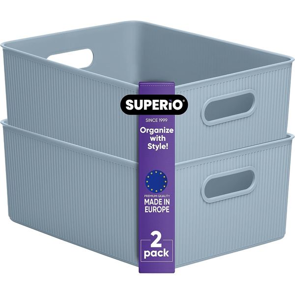 Superio 15L Medium Ribbed Storage Bin- Plastic Storage Bin  (2 Pack, Stone Blue)