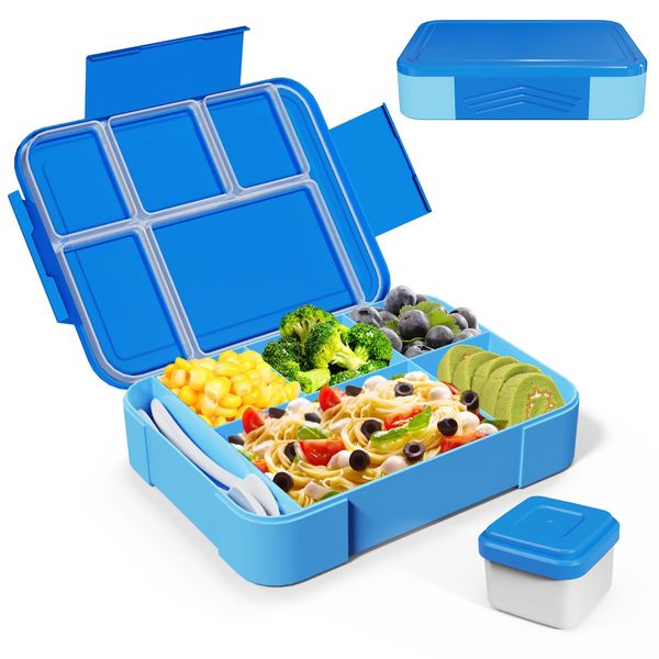 HapagToy Brotdose Kinder mit Fächern, Lunchbox Kinder mit 6 Unterteilung und einer Saucenbox, Bento Box BPA-Frei, Auslaufsicher Design, Perfekt für Kindergarten Schule Büro Tragen(Blau)