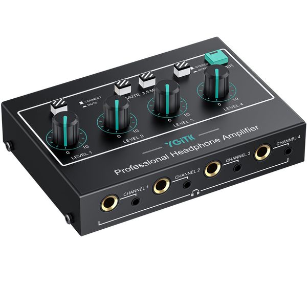 YGiTK 4 Channel Headphone Amplifier Professional, Portable Stereo Audio Amp, Amplifier with RCA & 3.5mm & 6.35mm Input, 3.5mm & 6.35mm Output, Power Adapter, Audio Cable, Ideal for Studio and Stage