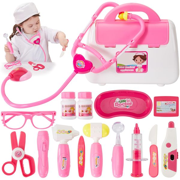 BUYGER Arztkoffer Kinder, Doktorkoffer mit Stethoskop, Spritze Medizinische Spielzeug, Doktor Spielset Rollenspiel Geschenke Mädchen Jungen (Rosa)