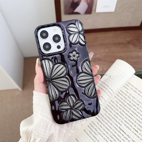 RALEAVO for iPhone 12/iPhone 12 Pro Case, Girls&Women Cute 3D Flower Luxury Pretty Plating Glitter Aesthetic Case Cover, Soft Silicone Shockproof Protective Phone Case for iPhone 12/12 Pro-Black