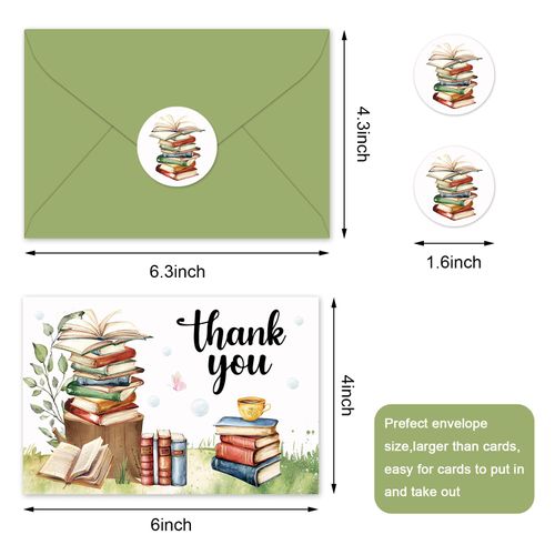 Whaline 24 Pack Storybook Thank You Cards A New Chapter Note Card with Envelopes Stickers Green Book Theme Greeting Blank Card for Birthday Baby Shower