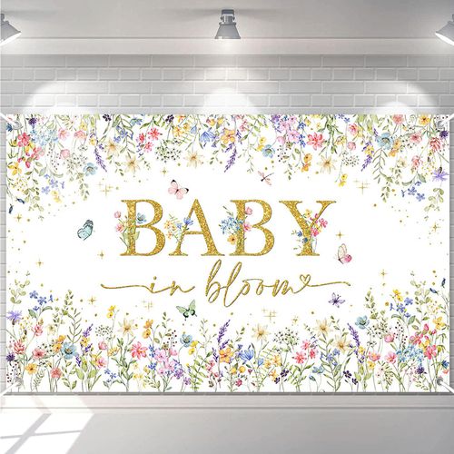 Avezano Baby in Bloom Backdrop Wildflower Baby Shower Party Decorations Watercolor Floral Baby in Bloom Banner Gold Glitter Butterfly Photography Background Cake Table Banner 70.8 x 43.3 Inch