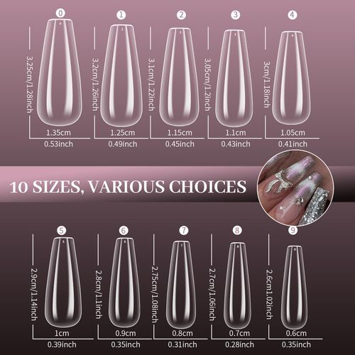 Venares Unghie Finte con Colla, 500 Pezzi Acrilico, Naturale, Tips Set in 10 taglie con Colla, Lime , Buffer, Nail Remover Brush, Tagliagunhie