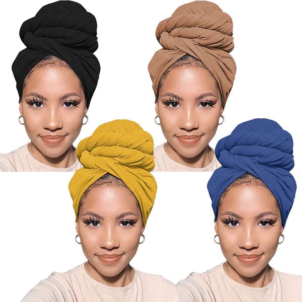 XTREND 4 Pieces Stretch Head Wrap Hair Scarf Headband Jersey Turban Knit Headwraps Urban Hair Wrap Solid Color Ultra Soft Extra Long Breathable Tie for Women(Camel,Turmeric,Black,Denim Blue)