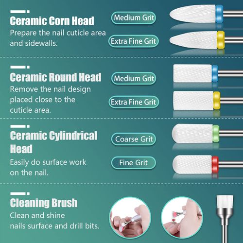 10Pcs Professional Ceramic Nail Drill Bits Set, Depvko 3/32'' Drill Bits for Nails Rotary Burrs for Acrylic Electric Manicure Pedicure Nail File Machine
