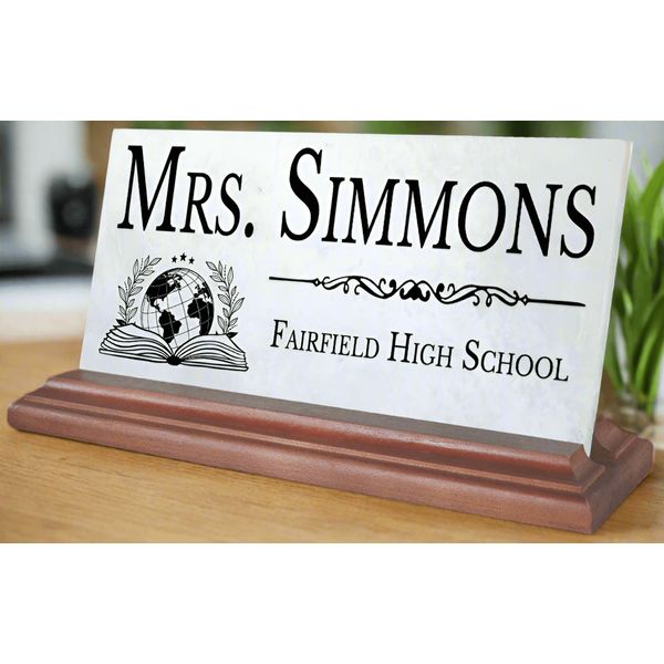 Teacher Desk Nameplate Gift Personalized - Solid Marble and Hardwood