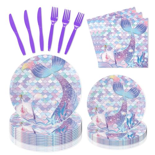 120 Pcs Mermaid Birthday Paper Plates Napkins, Mermaid Party Supplies Tableware Set for 24 Guests, Mermaid Themed Birthday Party Decorations for Kids Boys Girls Baby Shower