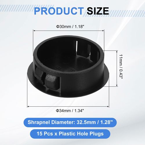 uxcell 15Pcs Plastic Hole Plugs, 30mm(1-3/16") Flush Type Panel Plugs, Round Snap Knockout Locking Plugs for Furniture Insert End Caps Panels, Black