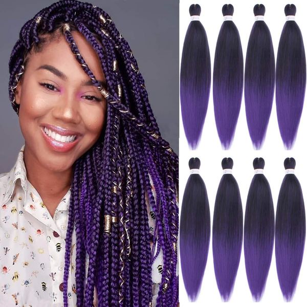 Leeven 8 Packs EZ Braids Hair Ombre Purple Hair Extensions Pre Stretched Braiding Hair 26 Zoll Yaki Texture Synthetic Kanekalon Fiber Crochet Braiding Hair Extension /26 Inch 1BPU#