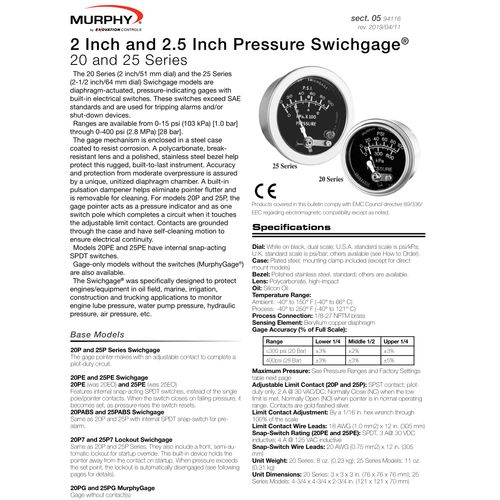 Murphy by Enovation Controls 20P7-100, 2" Pressure Swichgage w/Lockout, 0-100 psi (05703207)