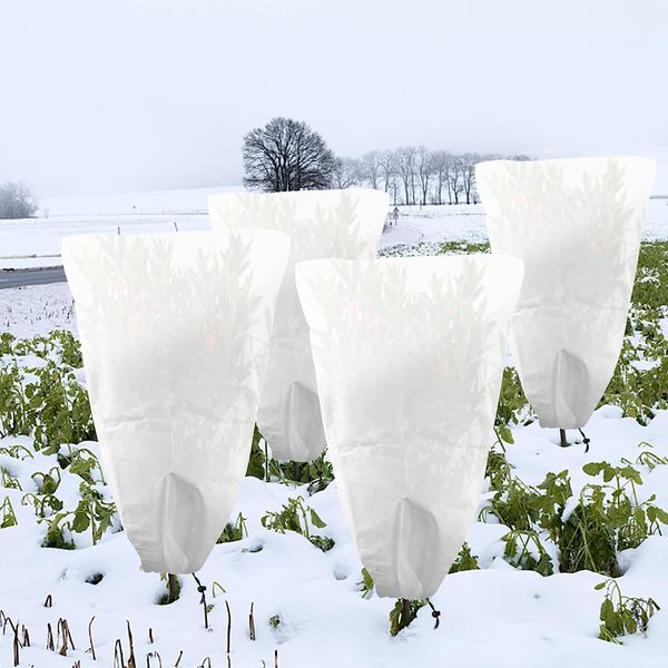 4 PCS Winter Plant Frost Protection Covers,80x60CM Garden Fleece Frost Protection for Plants with Drawstring, Rip Resistant Garden Plant Warming Fleece Jacket