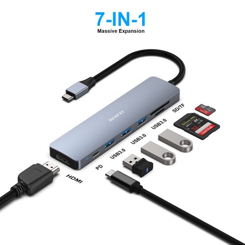 BENFEI USB C HUB 7-in-1, USB-C HUB Multiport Adapter with HDMI (4K @ 60Hz Certified)/100W Power Delivery/3*USB 3.0 5Gbps/SD/TF Card Reader (160MB/s) for iPhone 15 Pro/Max MacBook iPad Pro iMac S23