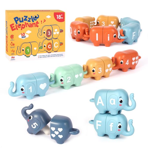 Chelpopo 10PCS Elephant Number & Alphabet Learning Toys for Toddlers 2-4, Toddler Preschool Learning Activities, Educational Montessori Toys for 2 Year Old, Double Sided Matching Game 1-10 & A-J