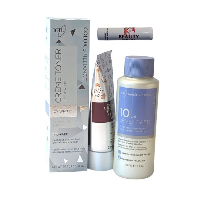 Icy White ion Creme Toner with ion Sensitive Scalp 10 Vol. Developer, 4 oz., Bundled with Beauty Patooty Lip Balm