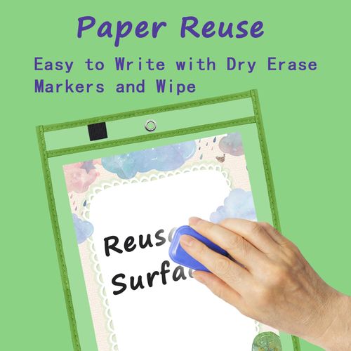 Antner 30 Packs Oversized Dry Erase Pocket Sleeves Reusable Ticket Holders, Clear Plastic Sheet Page Protectors, Heavy Duty Work Pockets School Teacher Classroom Office Organization Supplies, 5 Colors