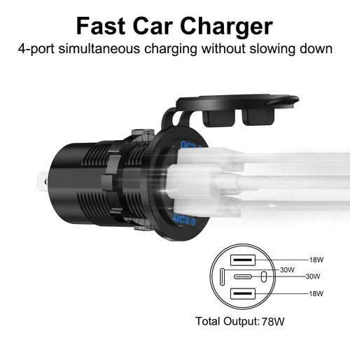 WNNBTOVN USB C Car Charger Socket, 4 Port Waterproof Dual PD 3.0 & QC 3.0 Multi Power Outlet, Cigarette Lighter Adapter with Switch for 12V Marine Boat Motorcycle RV Golf