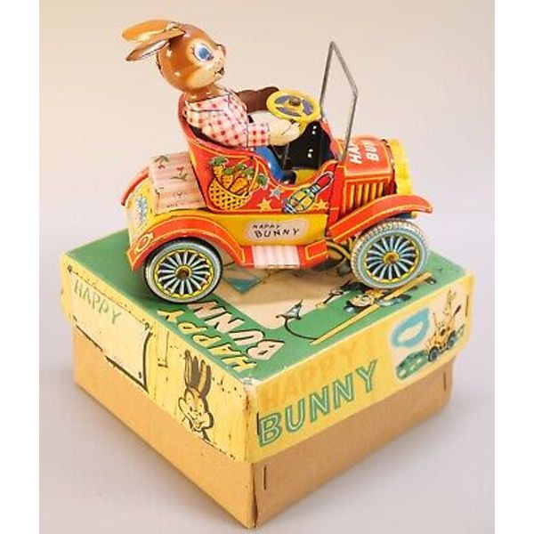 YONEZAWA JAPAN Happy Bunny toy vintage car tin 1957 friction powered box