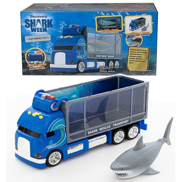 SHARK WEEK Discovery - Rescue Transport Truck Toy Playset for Kids, Includes Moving Toy Truck with Lights and Sounds, Great White Shark Tank, Hand Painted, Realistic, Eco Friendly, Officially Licensed