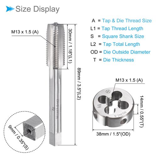 CoCud Tap and Die Set M13 x 1.5 Thread Metric High Speed Steel Machine Screw Tap and Round Die Tool Kit Application: For Thread Tapping Fixing 1 Set