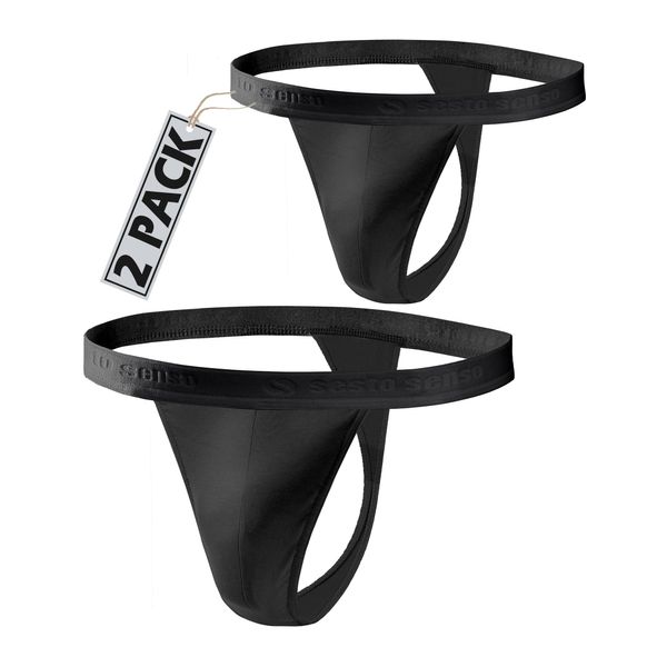 sesto senso Herren String Baumwolle Thong Slips 2er Pack Tanga Sport G-string L 2 - Schwarz