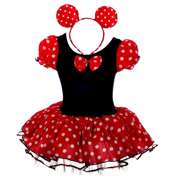 Lito Angels Minnie Mouse Costume Fancy Dress Up with Mouse Ears Hair Hoop for Baby Girls, Halloween Birthday Party Mini Red Polka Dot Tutu Skirt, Age 12-24 Months