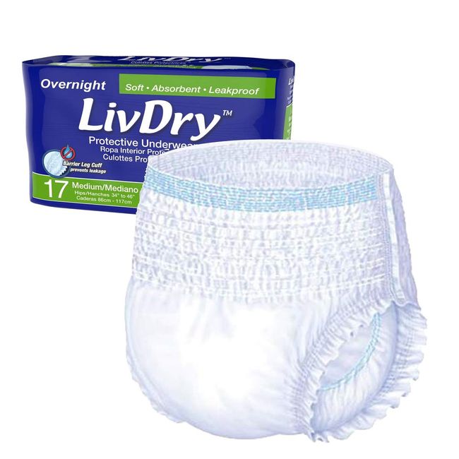 LivDry Overnight Adult Diapers for Women and Men, (Medium, 17-Pack