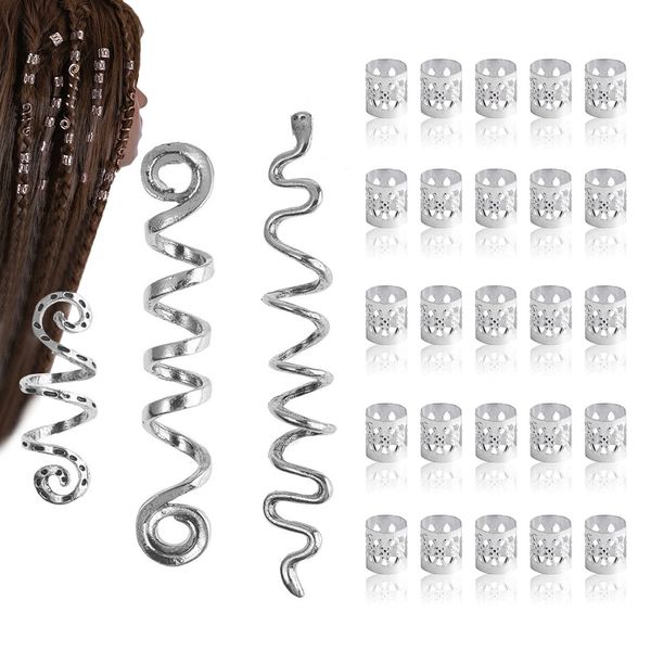 Wikinger Haarschmuck Damen, 28-teiliger Dreadlocks Haarschmuck mit Spiral Hair Clip und Haarperlen, Legierungs Zubehör für Haargeflechte für Frauen, Männer, DIY-Frisur, Bart, Schmuck (Silber)