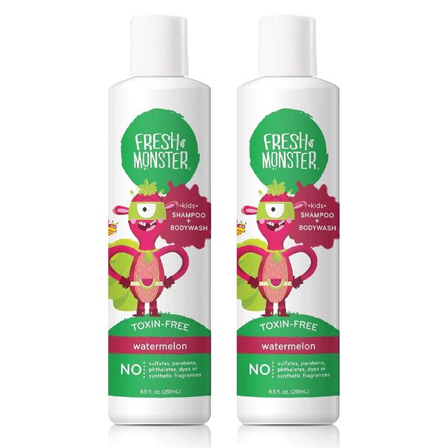 Fresh Monster 2-in-1 Kids Shampoo & Body Wash, Toxin-Free, Hypoallergenic, Natural Shampoo & Body Wash for Kids, Watermelon (2 Pack, 8.5oz/each)