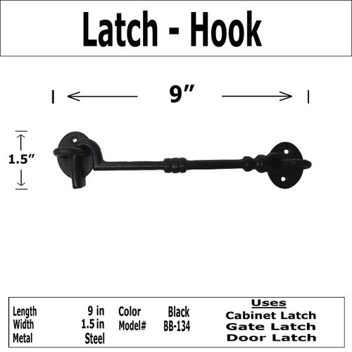 OLD NAIL SOURCE (1) 9" Cabinet Hook - DS-134 - Antique Style Hook Eye Door Latch, Vintage Black cast Iron Finish