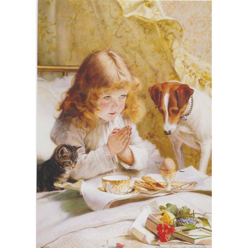 Suspense Prayer Print 7 X 5 Art Print Poster Dog Cat Kitten Little Girl Praying Breakfast in Bed