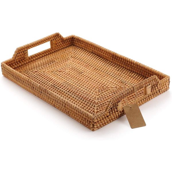 Hand-Woven Rattan Rectangular Serving Tray with Handles for Breakfast, Drinks, Snack for Coffee Table (14.5x10.2x1.4inches)