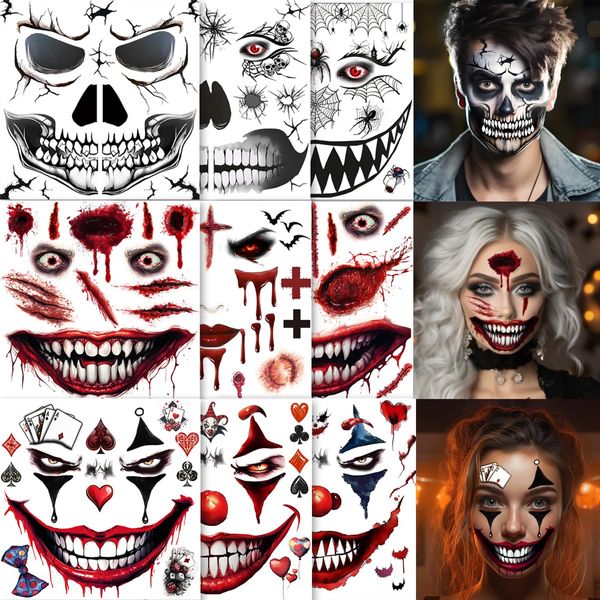 ENYACOS 11 pcs Halloween Scary Face Tattoo, Clown Face Stickers, Zombie, Skeleton Tattoo, Halloween Mouth Tattoo, Spider Devil Joker Face Tattoos, Halloween Accessories, Halloween Makeup Adults (A)