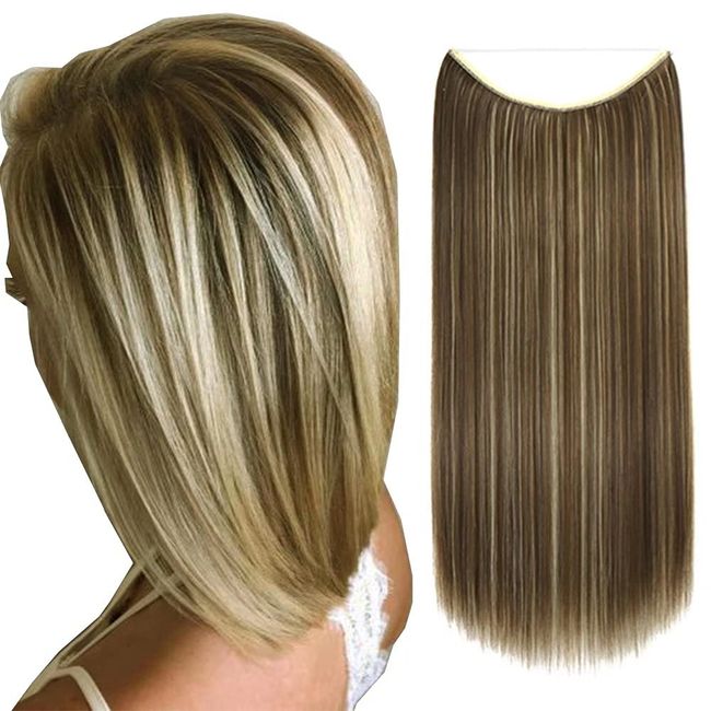 iLUU Synthetische Haarverlängerungen aus hitzebeständiger Faser 80g 61cm langes gerades verstecktes Haarteil mit Fischschnur 8/613 dunkelbraun und bleichblond geheimes Haarteil für Frauen