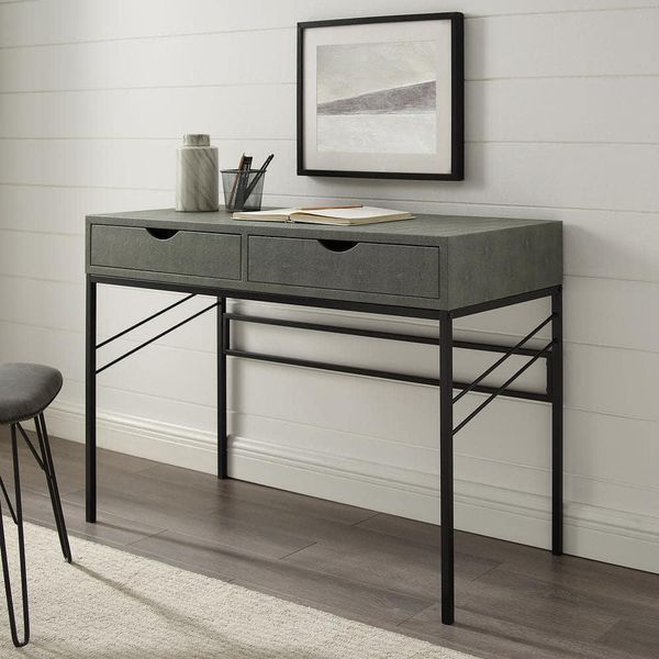 Welwick Designs Writing Desk 44" W, Grey Faux Shagreen Wood + Metal 2-Drawer