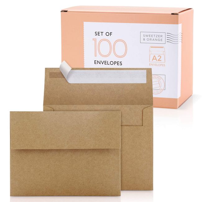 Sweetzer & Orange A2 Envelopes (100 with Box). Brown Envelopes Self Seal. Luxury 150gsm For Greeting Card Envelopes and Invitation Envelopes 4-3/8 x 5-3/4, RSVP Envelopes, Plain Kraft Envelopes.