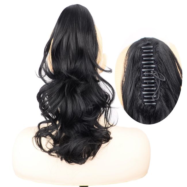 BOBIYA 13 Inches Claw Clip in Loose Curly Synthetic Wrap Around Ponytail Extensions Pony Tail Clip In Extensions (Black)