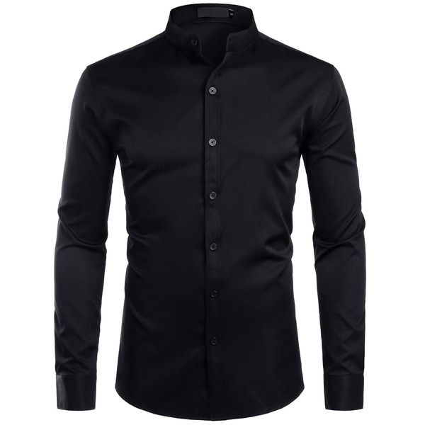 ZEROYAA Mens Hipster Solid Slim Fit Long Sleeve Mandarin Collar Dress Shirts ZLCL08 Solid Black Large