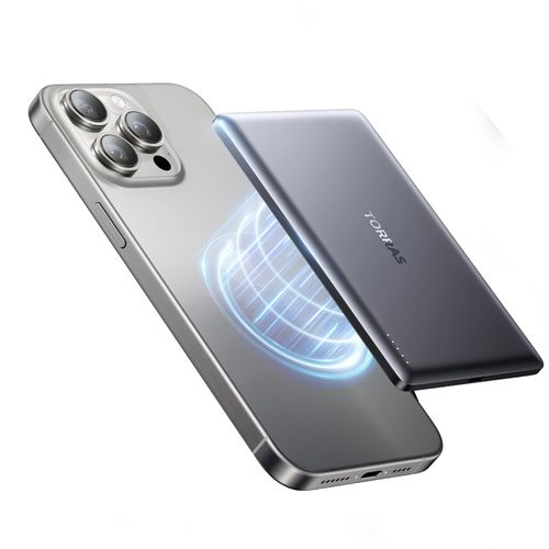 TORRAS MiniMag Power Bank, Ultra Slim 5,000mAh Wireless Portable Charger with USB-C Cable, Fast Charging Magnetic Battery Pack, Magsafe-Compatible for iPhone 16/15/14/13/12, Glacier Gray