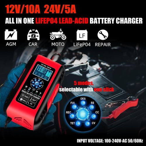 YIFASITE 10A Car Battery Charger, 12V/24V Lifepo4 Smart Fully Automatic Chargers for Car Batteries Car Battery Charger with LCD Screen for Car Truck Motorcycle Lawn Mower Boat