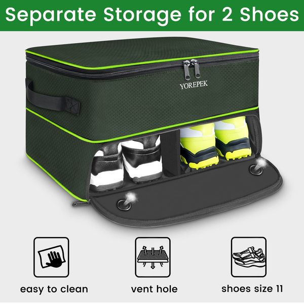 YOREPEK 2 Layer Golf Trunk Organizer Storage for 2 Pair Shoes, Golf Trunk Storage with Adjustable Dividers Separate Compartments for Golf Supplies, Gloves, Golf Items, Golf Gifts For Men, GREEN